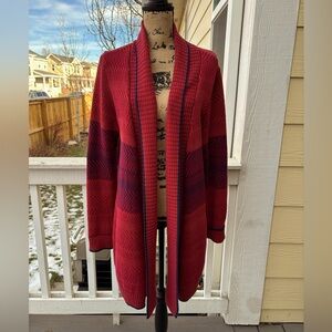 Red & blue CABI size L open front sweater EUC